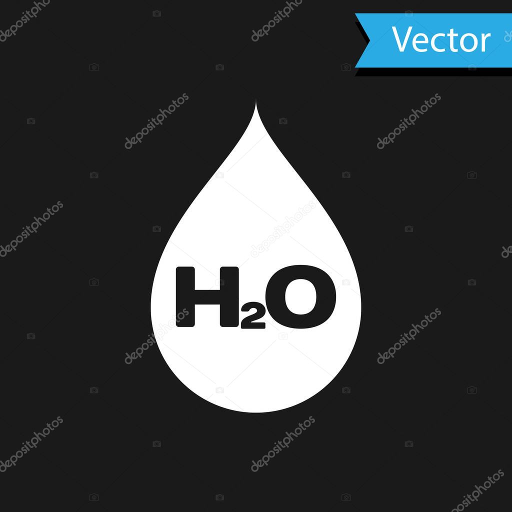 White Water drop with H2O icon isolated on black background. Water formula. Vector Illustration