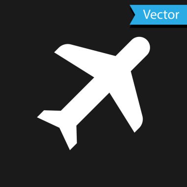 Beyaz Düzlem simgesi siyah arka planda yalıtılmış. Uçan uçak simgesi. Uçak işareti. Vektör İllüstrasyonu