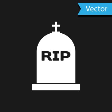 Üzerinde RIP yazılı Beyaz Tombstone simgesi siyah arkaplanda izole edilmiş. Mezar ikonu. Vektör İllüstrasyonu