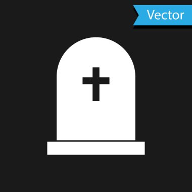 Siyah arka planda çapraz simgesi olan Beyaz Tombstone. Mezar ikonu. Vektör İllüstrasyonu
