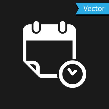 Siyah arkaplanda beyaz takvim ve saat simgesi izole edildi. Program, randevu, organizatör, zaman çizelgesi, zaman yönetimi, önemli tarih. Vektör İllüstrasyonu