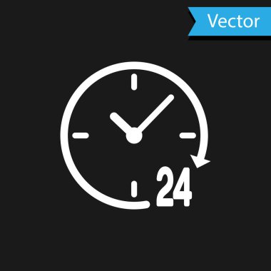 Beyaz Saat 24 saat simgesi siyah arkaplanda izole edildi. Tüm gün döngü simgesi. 24 saat hizmet sembolü. Vektör İllüstrasyonu