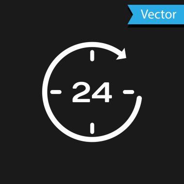 Beyaz Saat 24 saat simgesi siyah arkaplanda izole edildi. Tüm gün döngü simgesi. 24 saat hizmet sembolü. Vektör İllüstrasyonu