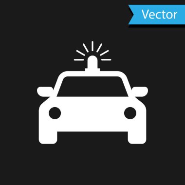 Beyaz polis arabası ve polis teşhircisi simgesi siyah arka planda izole edildi. Acil durum sireni. Vektör İllüstrasyonu