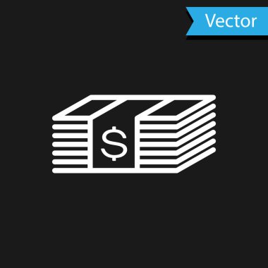 Beyaz kağıt para Amerikan doları nakit para ikonu siyah arka planda izole. Para banknotları dolar simgesiyle istiflenir. Para birimi. Vektör İllüstrasyonu