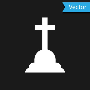 Siyah arka planda çapraz simgesi olan Beyaz Tombstone. Mezar ikonu. Vektör İllüstrasyonu