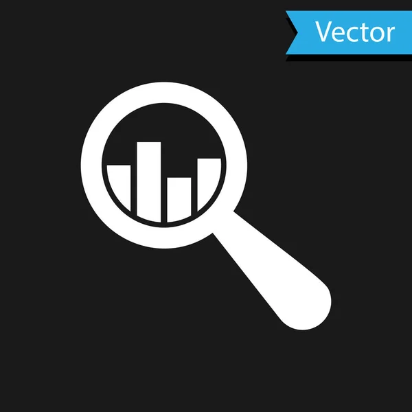 White Magnifying glass and data analysis icon isolated on black background. Vector Illustration — Stock Vector