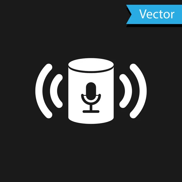 Icono del asistente de voz blanca aislado sobre fondo negro. Interfaz de usuario de control de voz altavoz inteligente. Ilustración vectorial — Vector de stock