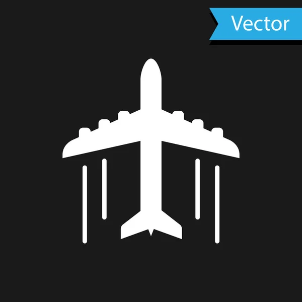 Icono plano blanco aislado sobre fondo negro. Icono del avión volador. Firma del avión. Ilustración vectorial — Vector de stock