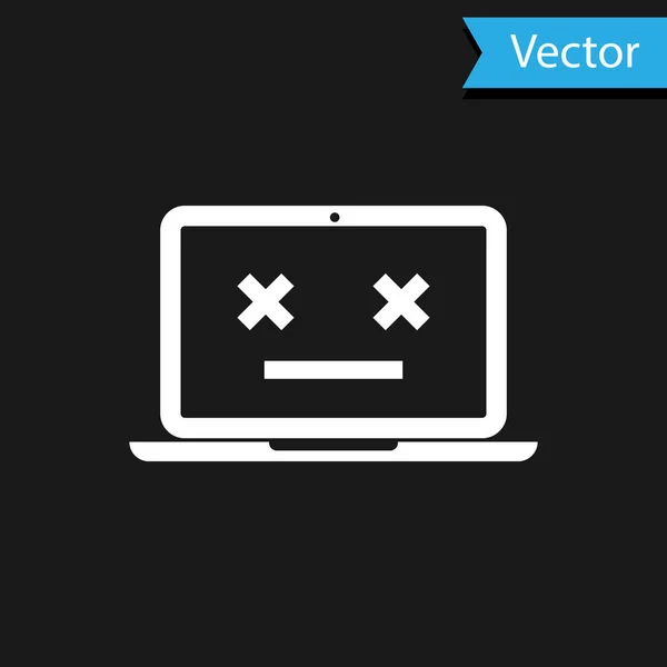 Icône d'ordinateur portable White Dead isolée sur fond noir. erreur 404 comme un ordinateur portable avec emoji mort. Erreur fatale dans le système PC. Illustration vectorielle — Image vectorielle