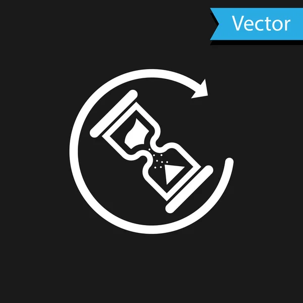 Ícone de espera branco isolado no fundo preto. Ícone de tempo de espera. Relógio de ampulheta. Ilustração vetorial — Vetor de Stock