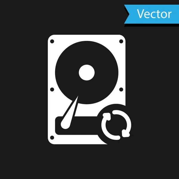 Disque dur blanc disque dur synchroniser icône de rafraîchissement isolé sur fond noir. Illustration vectorielle — Image vectorielle