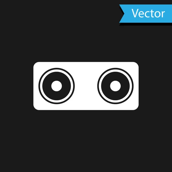 White Stereo speaker icon isolated on black background. Sound system speakers. Music icon. Musical column speaker bass equipment. Vector Illustration — Stock Vector