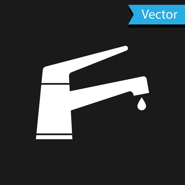 Weißwasserhahn mit fallendem Wassertropfen-Symbol auf schwarzem Hintergrund. Vektorillustration — Stockvektor