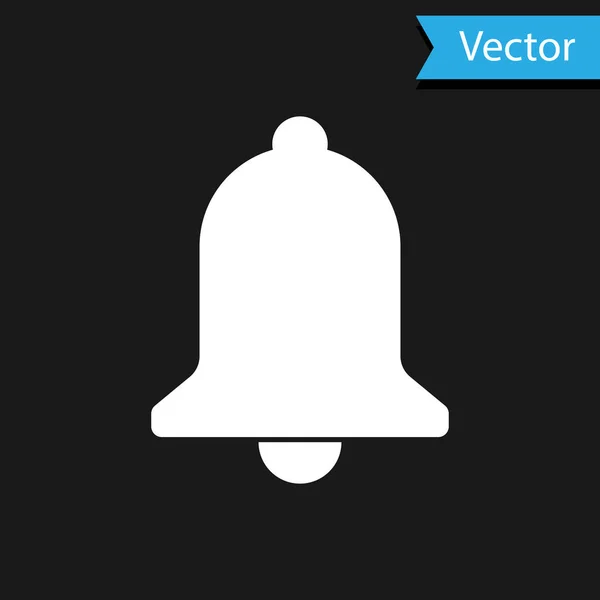 Icono de campana blanca aislada sobre fondo negro. Símbolo de alarma, campana de servicio, señal de timbre, símbolo de notificación. Ilustración vectorial — Vector de stock