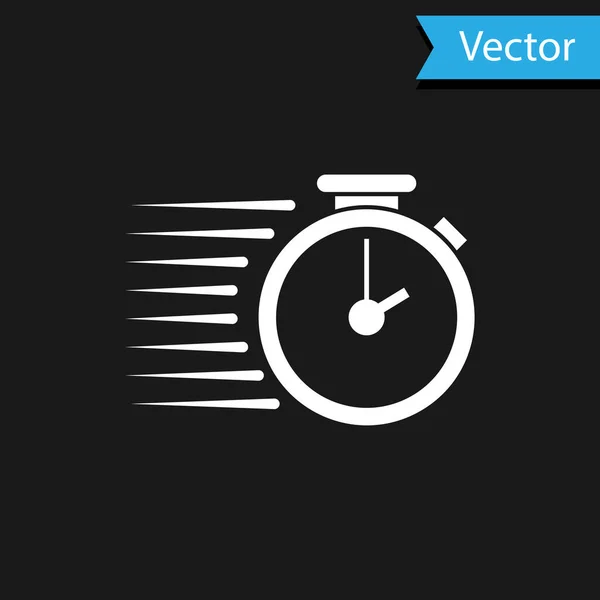 Icono de cronómetro blanco aislado sobre fondo negro. Signo del temporizador. Ilustración vectorial — Vector de stock