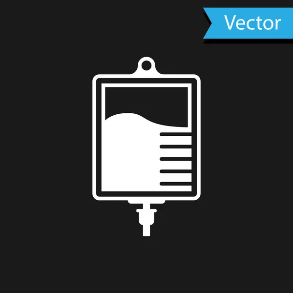 Icono blanco de la bolsa IV aislado sobre fondo negro. Icono de bolsa de sangre. Donar el concepto de sangre. El concepto de tratamiento y terapia, quimioterapia. Ilustración vectorial — Vector de stock