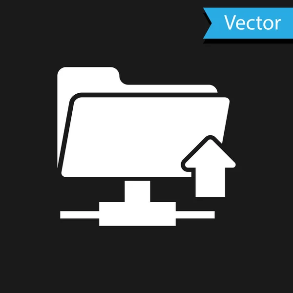 Weißes FTP-Ordner-Upload-Symbol auf schwarzem Hintergrund. Konzept der Softwareupdate, Übertragungsprotokoll, Router, Teamwork-Tool-Management, Kopierprozess. Vektorillustration — Stockvektor
