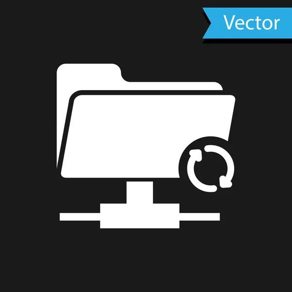 Icône de rafraîchissement de synchronisation FTP blanche sur fond noir. Concept de mise à jour logicielle, protocole de transfert, routeur, gestion des outils de travail d'équipe, processus de copie. Illustration vectorielle — Image vectorielle