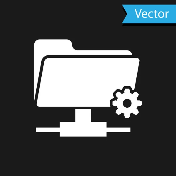 Vit Ftp inställningar mapp ikon på svart bakgrund. Begreppet programuppdatering, överföringsprotokoll, router, teamwork verktygshantering, kopieringsprocess. Vektor Illustration — Stock vektor