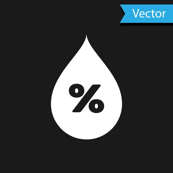 Icône de pourcentage de goutte d'eau blanche isolée sur fond noir. Analyse d'humidité. Illustration vectorielle — Image vectorielle