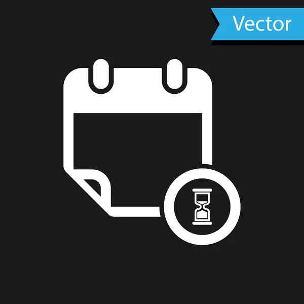 Calendario blanco y el icono del reloj aislados sobre fondo negro. Horario, cita, organizador, hoja de tiempo, gestión del tiempo, fecha importante. Ilustración vectorial — Vector de stock