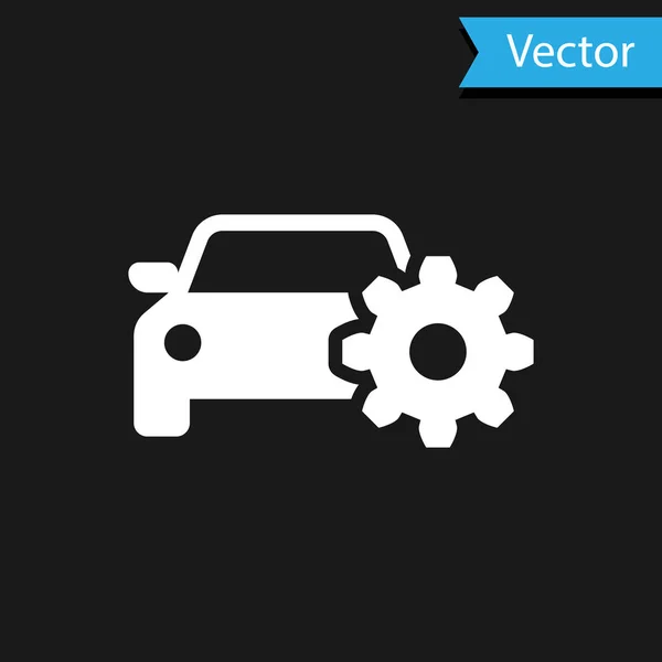 Icono de servicio de coche blanco aislado sobre fondo negro. Servicio mecánico automático. Servicio mecánico. Servicio de reparación mecánico de automóviles. Signo de mantenimiento. Ilustración vectorial — Vector de stock