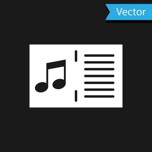 Livro de música branca com ícone de nota isolado no fundo preto. Folha de música com estaca de notas. Caderno de notas musicais. Ilustração vetorial — Vetor de Stock