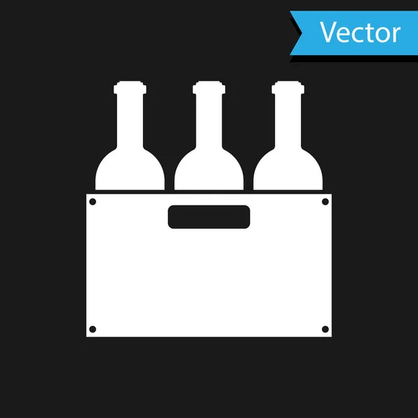 Garrafas brancas de vinho em um ícone de caixa de madeira isolado em fundo preto. Garrafas de vinho em um ícone de caixa de madeira. Ilustração vetorial — Vetor de Stock