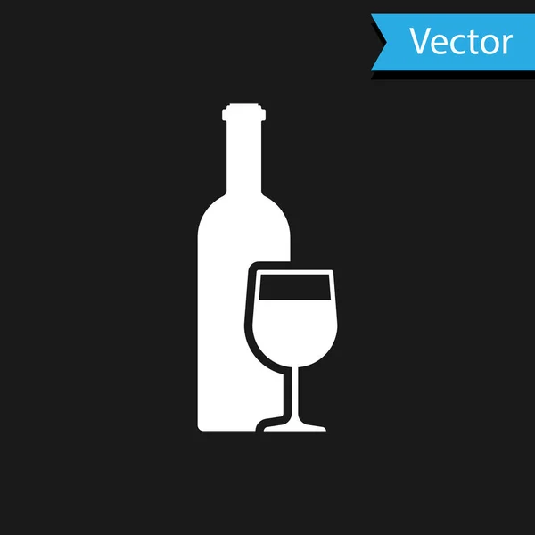 Garrafa de vinho branco com ícone de vidro de vinho isolado no fundo preto. Ilustração vetorial — Vetor de Stock