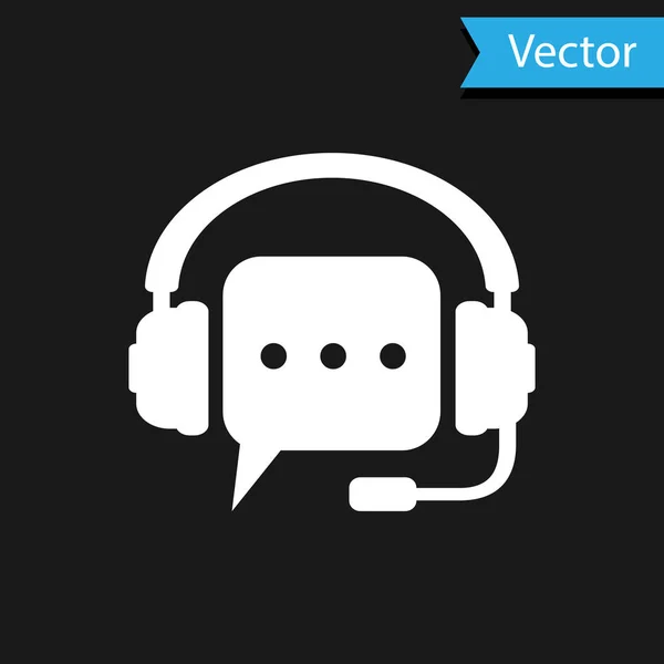 Auriculares blancos con el icono de la burbuja del habla sobre fondo negro. Soporte de servicios al cliente, línea directa, centro de llamadas, pauta, preguntas frecuentes, mantenimiento, asistencia. Ilustración vectorial — Vector de stock