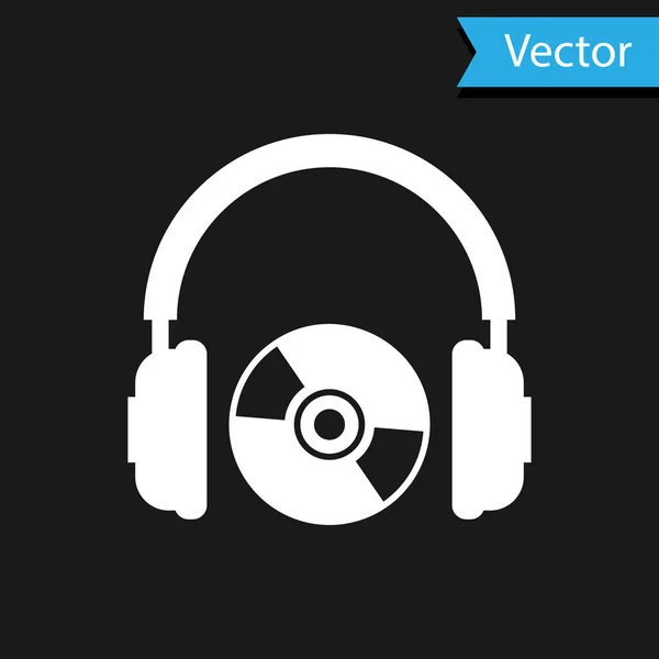 Headphones brancos e ícone de CD ou DVD isolado em fundo preto. Sinal de fone de ouvido. Símbolo de disco compacto. Ilustração vetorial — Vetor de Stock