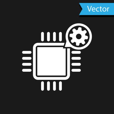 Beyaz İşlemci ve dişli simgesi siyah arkaplanda izole edildi. İşlemci, çip servis konsepti. Uygulama ayarlanıyor, seçenekler ayarlanıyor, bakım, onarım, onarım. Vektör İllüstrasyonu