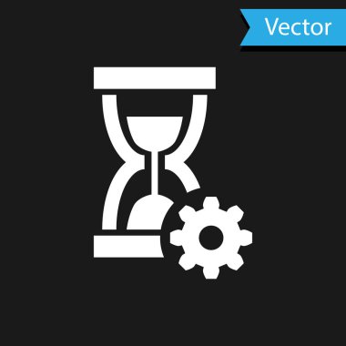 Siyah arkaplanda beyaz kum saati ve dişli ikonu var. Zaman Yönetimi sembolü. Saat ve vites simgesi. Üretkenlik sembolü. Vektör İllüstrasyonu