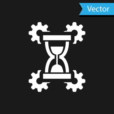 Siyah arkaplanda beyaz kum saati ve dişli ikonu var. Zaman Yönetimi sembolü. Saat ve vites simgesi. Üretkenlik sembolü. Vektör İllüstrasyonu