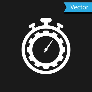 Beyaz Zaman Yönetimi simgesi siyah arkaplanda izole edildi. Saat ve vites tabelası. Üretkenlik sembolü. Vektör İllüstrasyonu