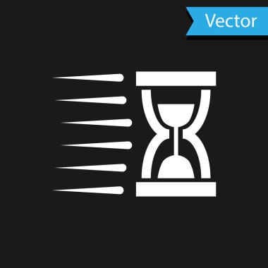 Siyah zemin üzerinde akan kum ikonu olan eski beyaz kum saati. Kum saati işareti. İş ve zaman yönetimi kavramı. Vektör İllüstrasyonu