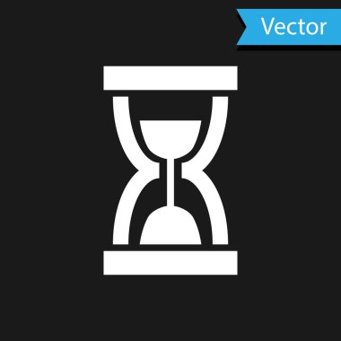 Siyah zemin üzerinde akan kum ikonu olan eski beyaz kum saati. Kum saati işareti. İş ve zaman yönetimi kavramı. Vektör İllüstrasyonu