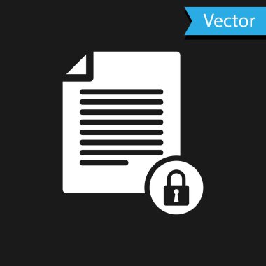 Beyaz Belge ve kilit simgesi siyah arkaplanda izole edildi. Dosya biçimi ve asma kilit. Güvenlik, güvenlik, koruma kavramı. Vektör İllüstrasyonu