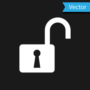 Beyaz Açık asma kilit simgesi siyah arkaplanda izole edildi. Kilit açık işareti. Siber güvenlik kavramı. Dijital veri koruması. Güvenlik kilidi. Vektör İllüstrasyonu