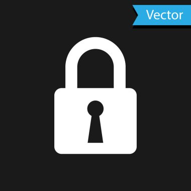 Beyaz Kilit simgesi siyah arkaplanda izole edildi. Kapalı asma kilit işareti. Siber güvenlik kavramı. Dijital veri koruması. Güvenlik kilidi. Vektör İllüstrasyonu