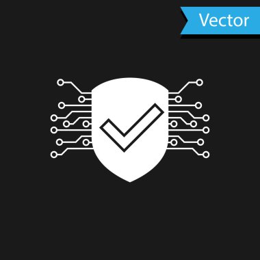 Beyaz Siber Güvenlik simgesi siyah arkaplanda izole edildi. Kalkan işaretli. Güvenlik kavramı. Dijital veri koruması. Vektör İllüstrasyonu