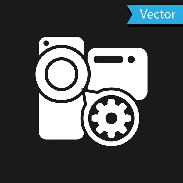 Câmera de vídeo branco e ícone de engrenagem isolado no fundo preto. Ajustar aplicativo, conceito de serviço, opções de configuração, manutenção, reparo, fixação. Ilustração vetorial — Vetor de Stock