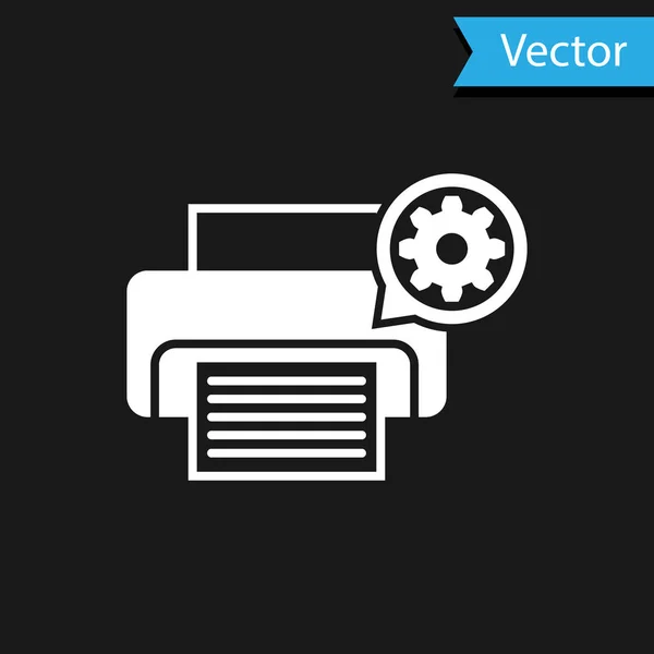 Stampante bianca e icona ingranaggio isolata su sfondo nero. Regolazione app, concetto di servizio, opzioni di impostazione, manutenzione, riparazione, fissaggio. Illustrazione vettoriale — Vettoriale Stock