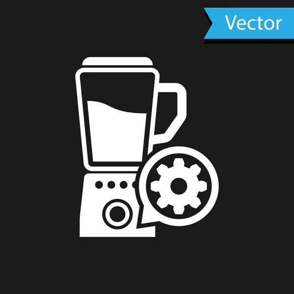 Blender blanc avec bol et icône d'engrenage isolé sur fond noir. Réglage app, concept de service, options de réglage, entretien, réparation, réparation. Illustration vectorielle — Image vectorielle