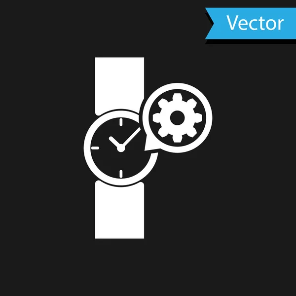 Relógio de pulso branco e ícone de engrenagem isolado no fundo preto. Ajustar aplicativo, conceito de serviço, opções de configuração, manutenção, reparo, fixação. Ilustração vetorial — Vetor de Stock