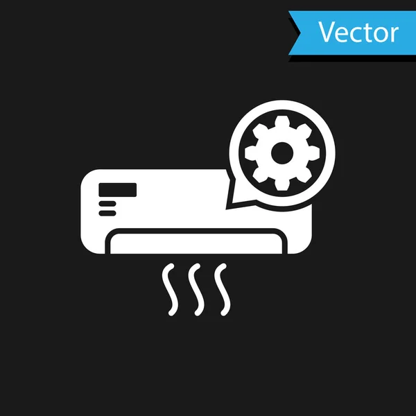 White Air conditioner and gear icon isolated on black background. Adjusting app, service concept, setting options, maintenance, repair, fixing. Vector Illustration — Stock Vector