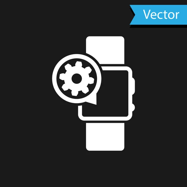 Blanco Smartwatch y engranaje icono aislado sobre fondo negro. Ajustar la aplicación, concepto de servicio, opciones de configuración, mantenimiento, reparación, fijación. Ilustración vectorial — Vector de stock