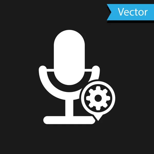 Weißes Mikrofon und Getriebesymbol isoliert auf schwarzem Hintergrund. Anpassung App, Servicekonzept, Einstellungsmöglichkeiten, Wartung, Reparatur, Reparatur. Vektorillustration — Stockvektor