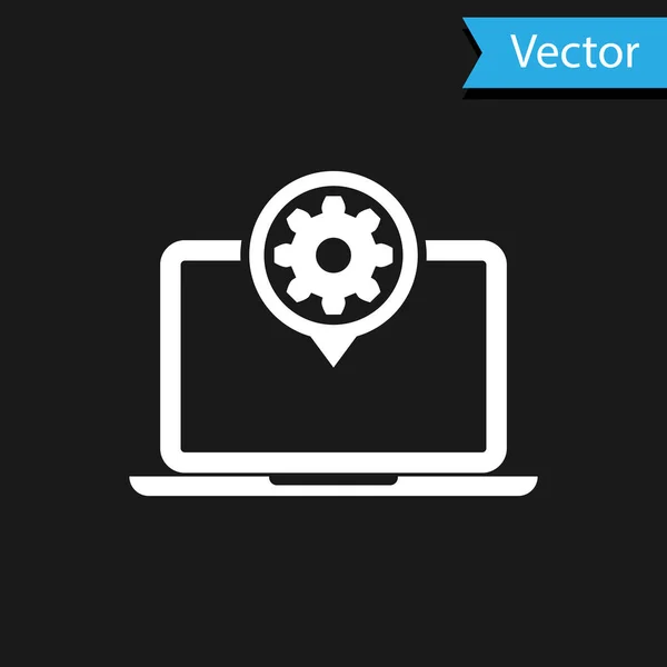 Fehér Laptop és fogaskerék ikon elszigetelt fekete háttérrel. Laptop szolgáltatás koncepció. Alkalmazás beállítása, beállítási lehetőségek, karbantartás, javítás, javítás. Vektorillusztráció — Stock Vector